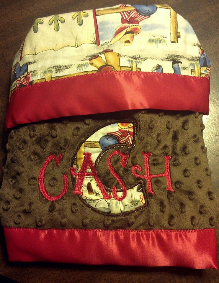 Cowboy Baby Blanket with Minky,  Red Satin Trim and Name