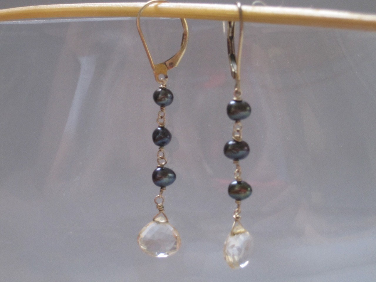lemon quartz and black pearl drop earrings