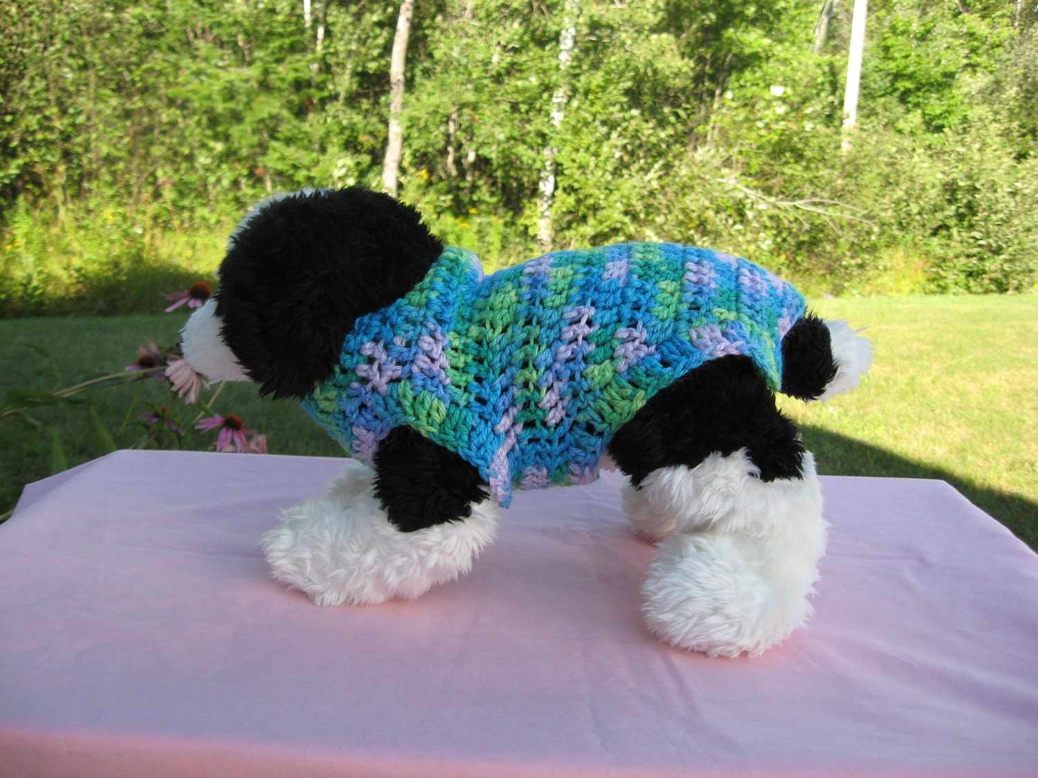 Dog sweater in blue-green multicolor, light weight, size extra small, small