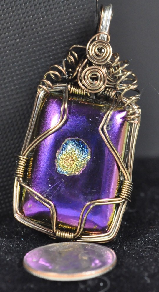 Royal purple metallic druzy wrapped in gunmetal wire