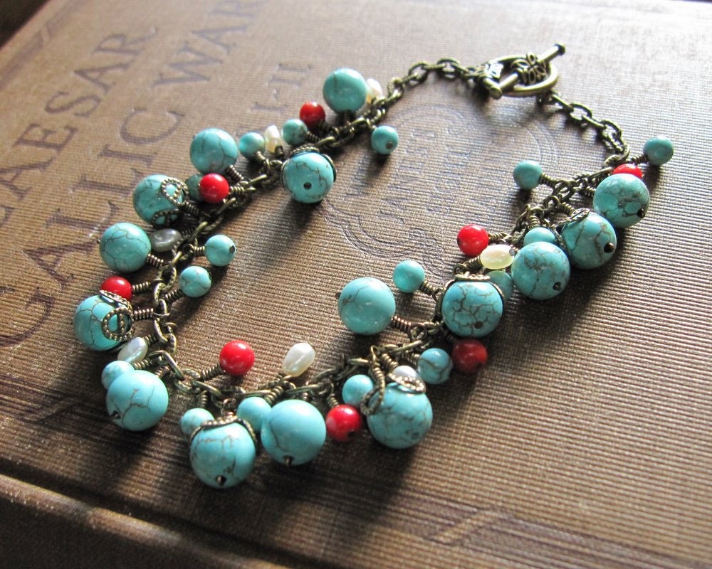 Turquoise Bracelet Cluster Blue White Pearl Red Coral Cha Cha Bracelet