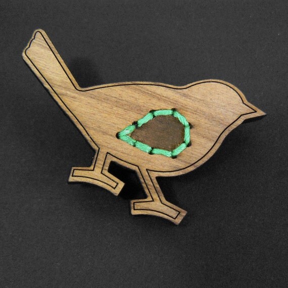 Wooden Bird Brooch with aqua stitching