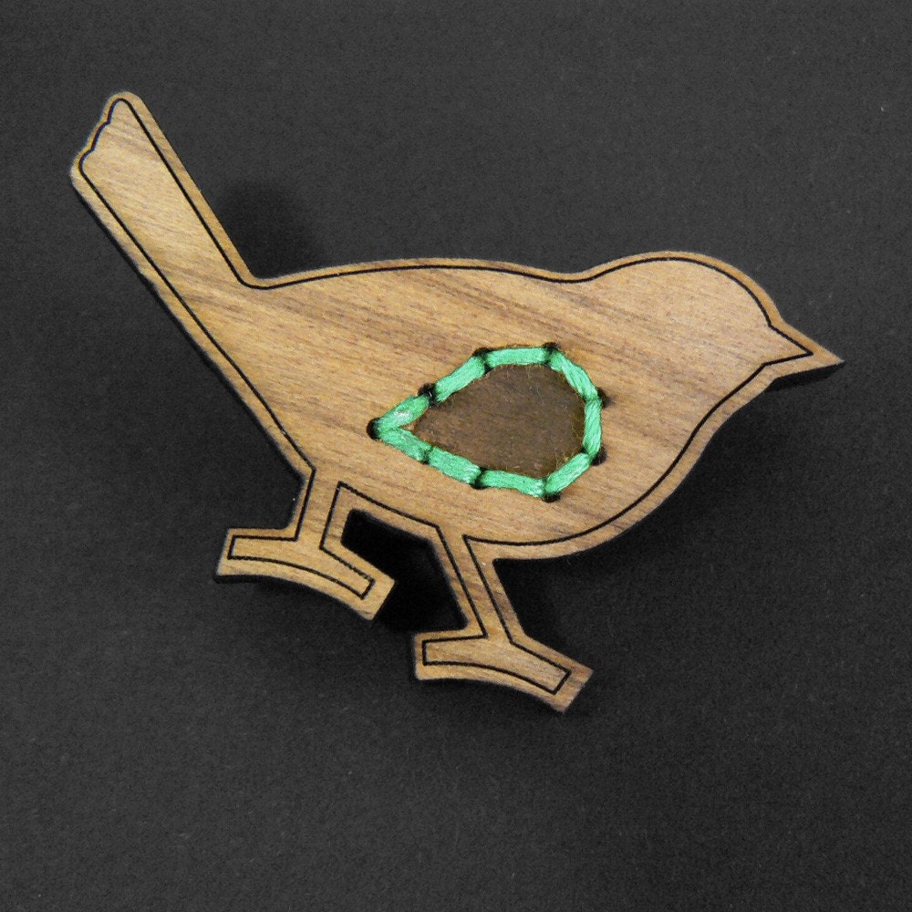 Wooden Bird Brooch with aqua stitching