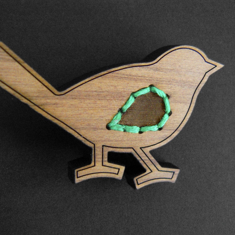 Wooden Bird Brooch with aqua stitching