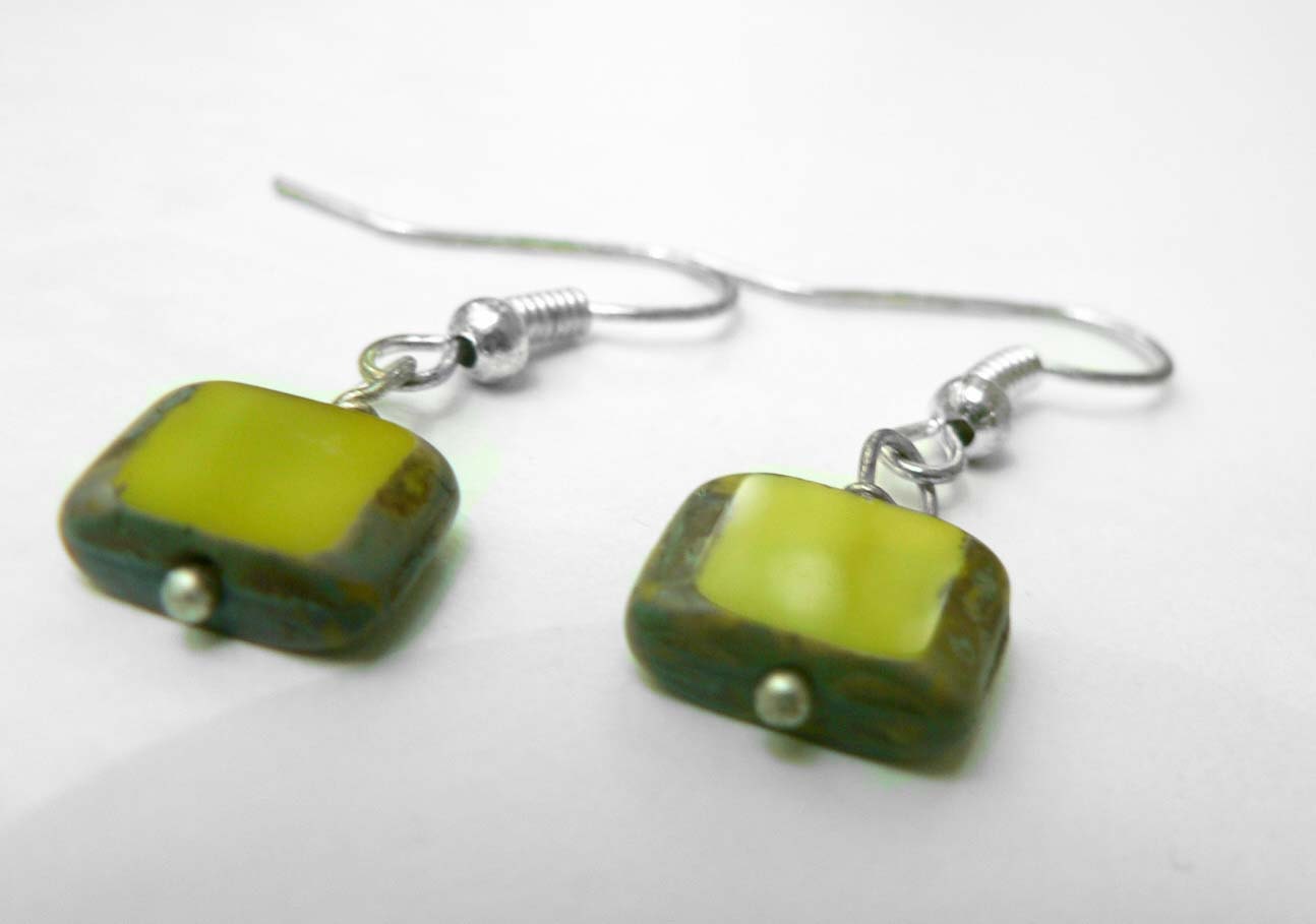 Dangle Earrings, Lime Green and Silver Plated