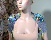 BOLERO WITH EPAULETTES - Wearable Fiber Art, Trendy & Feminine, Freeform Crocheted Flowers, Green Agate Beads, Swarovski Crystals