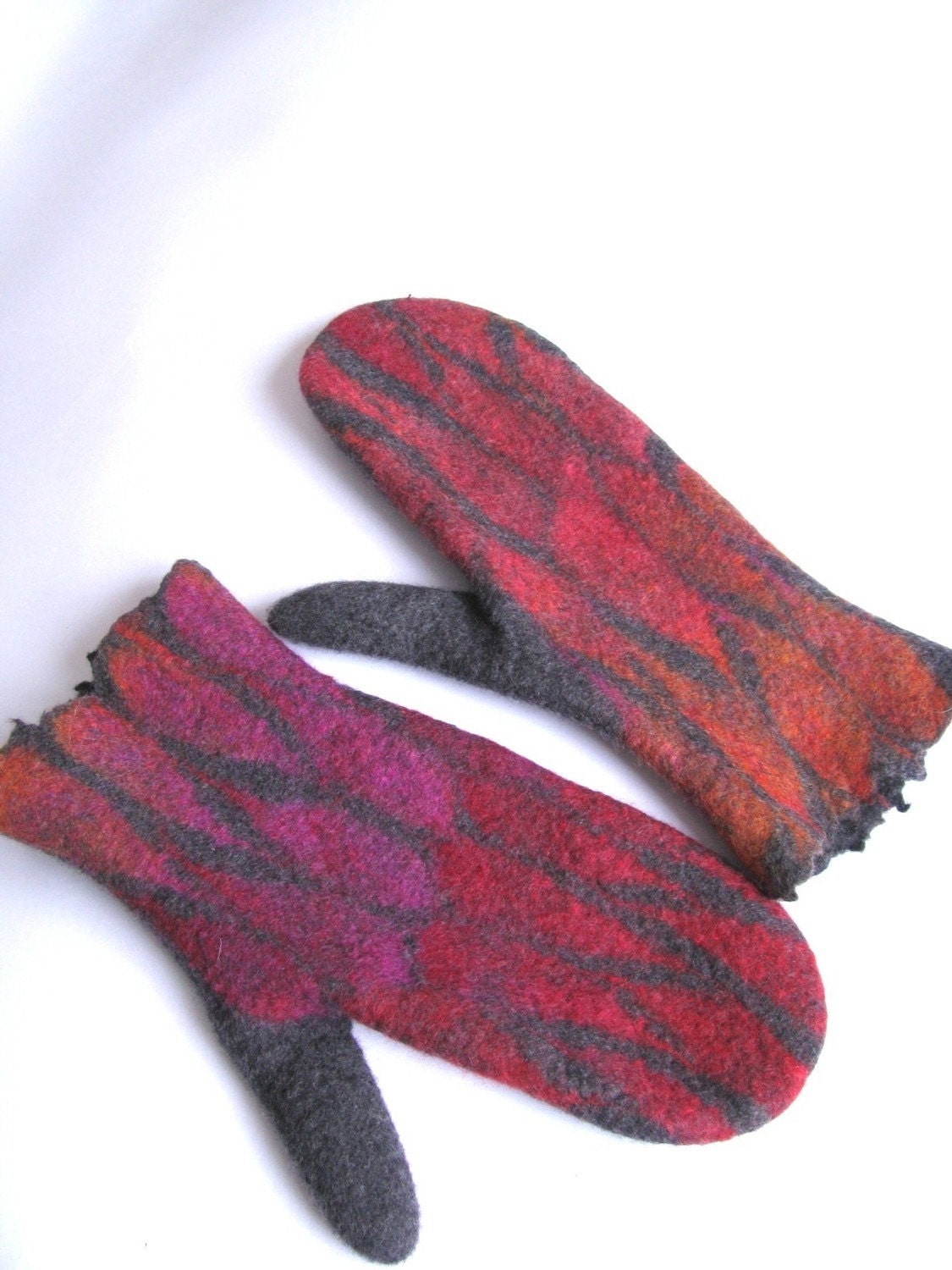 Felted wool mittens gray red pink orange--- Handmade to Order