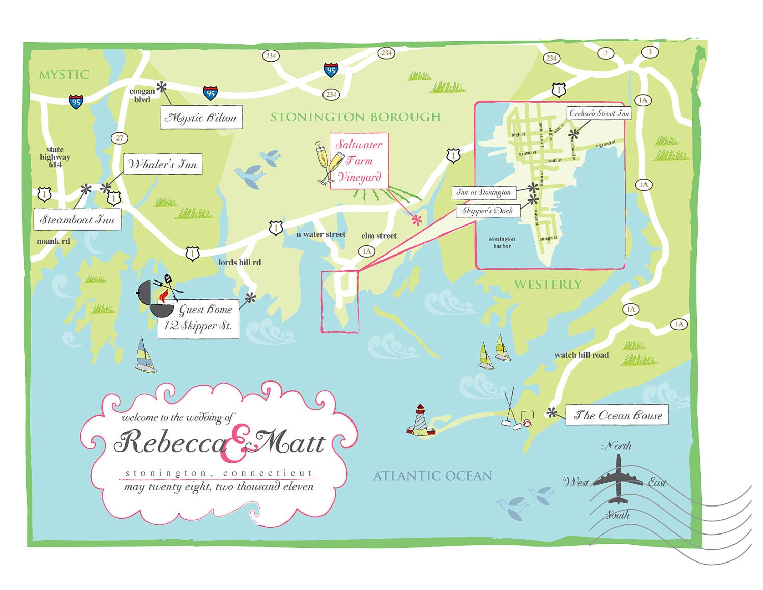 Map with one inset - Custom Wedding Map Blue/Pink/Green Conneticut  - As Seen on STYLE ME PRETTY -