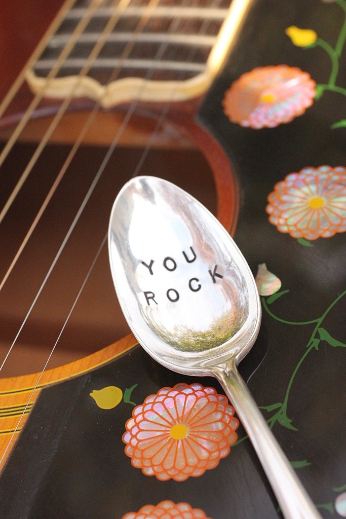 Vintage You Rock Spoon. Hand Stamped Recycled Silverware Silver Plated Coffee Spoon by Beachhouseliving on etsy