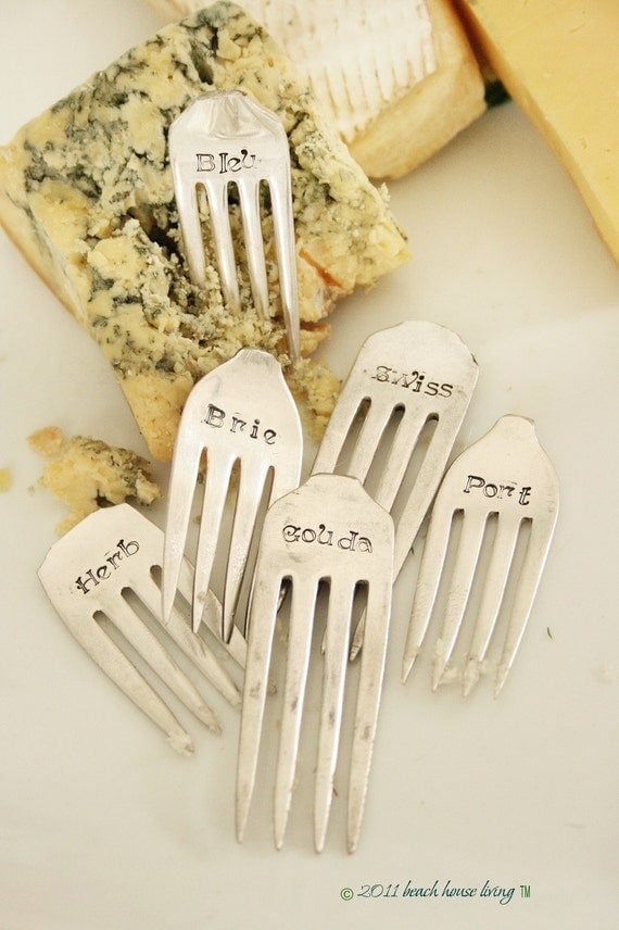 Cheese Marker Set of 6 recycled silver plated silverware  fork tines rustic vineyard style, for the gourmet, hostess, housewarming