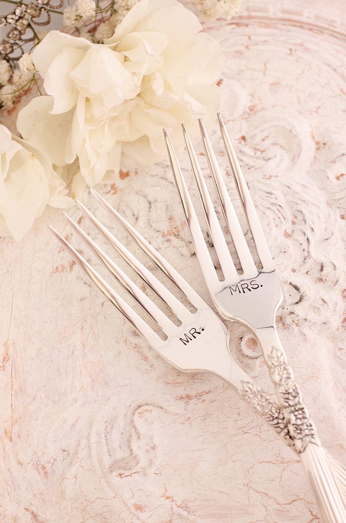 Mr. & Mrs. Wedding Cake Forks: Hand stamped silver plated forks. Floral fluted handle new and lovely with silver storage bag.