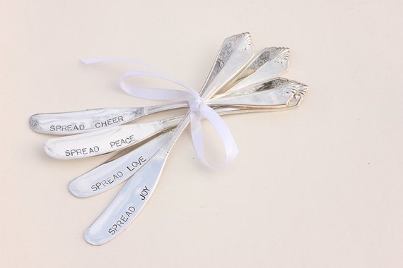 Butter spreaders, jam spreaders Hand stamped silverware Spread cheer joy love peace butter knives New