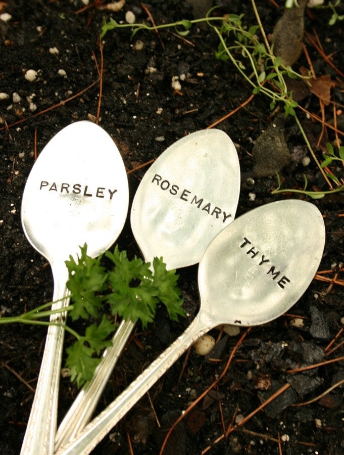 Recycled Silverware Garden Markers  Set of 3  Parsley Rosemary Thyme silver plated flatware beach house living etsy