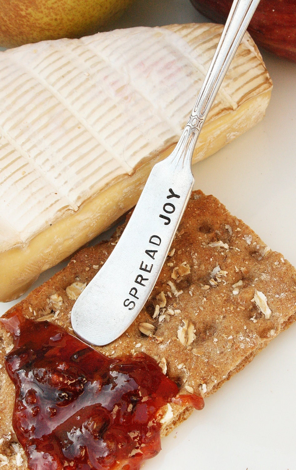 Vintage hand stamped cheese or jam spreaders spread love joy peace cheer recycled silver plated flatware silverware