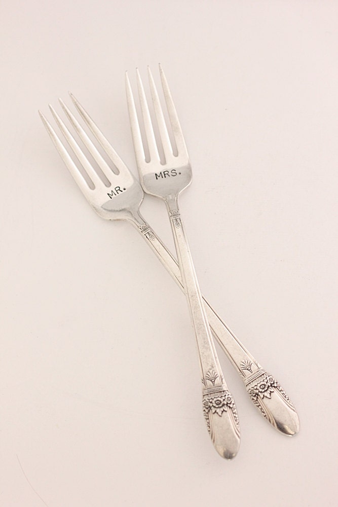 Mr. and Mrs. Forks Hand Stamped  Wedding Cake Forks Place Setting 1937 First Love. Silver Storage Pouch