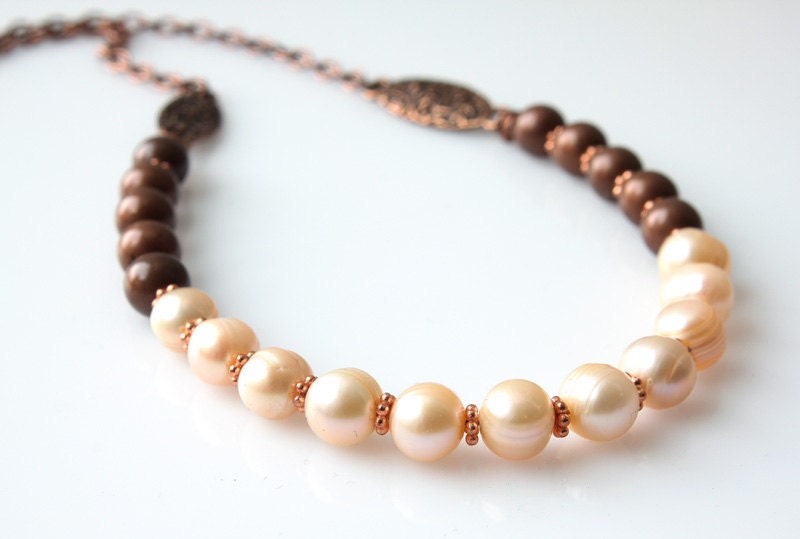 Fresh Water Pearl Necklace, Antique Copper Necklace, Copper Beads, Short Copper Necklace, Peach Pearls