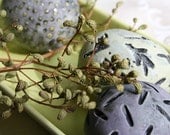 Group of three decorative ceramic spheres (eggs) in dusty purple and chartreuse 34