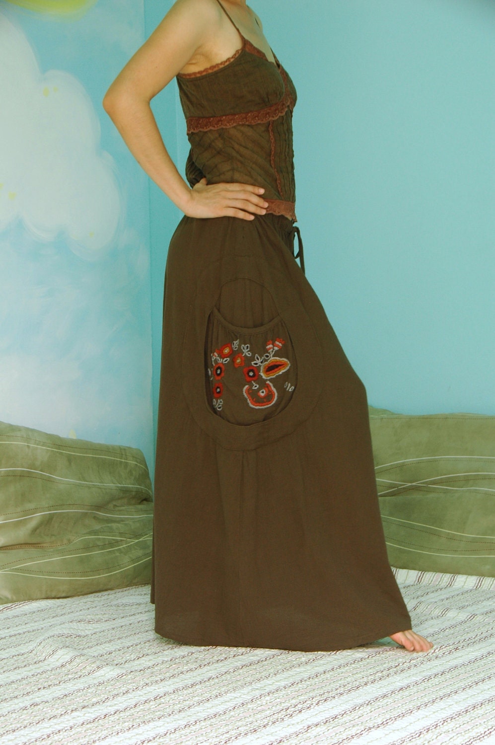 Look At Me Now II - Dark Greenish Brown Cotton Skirt With Floral Hand Embroidered Detail On Right Pockets