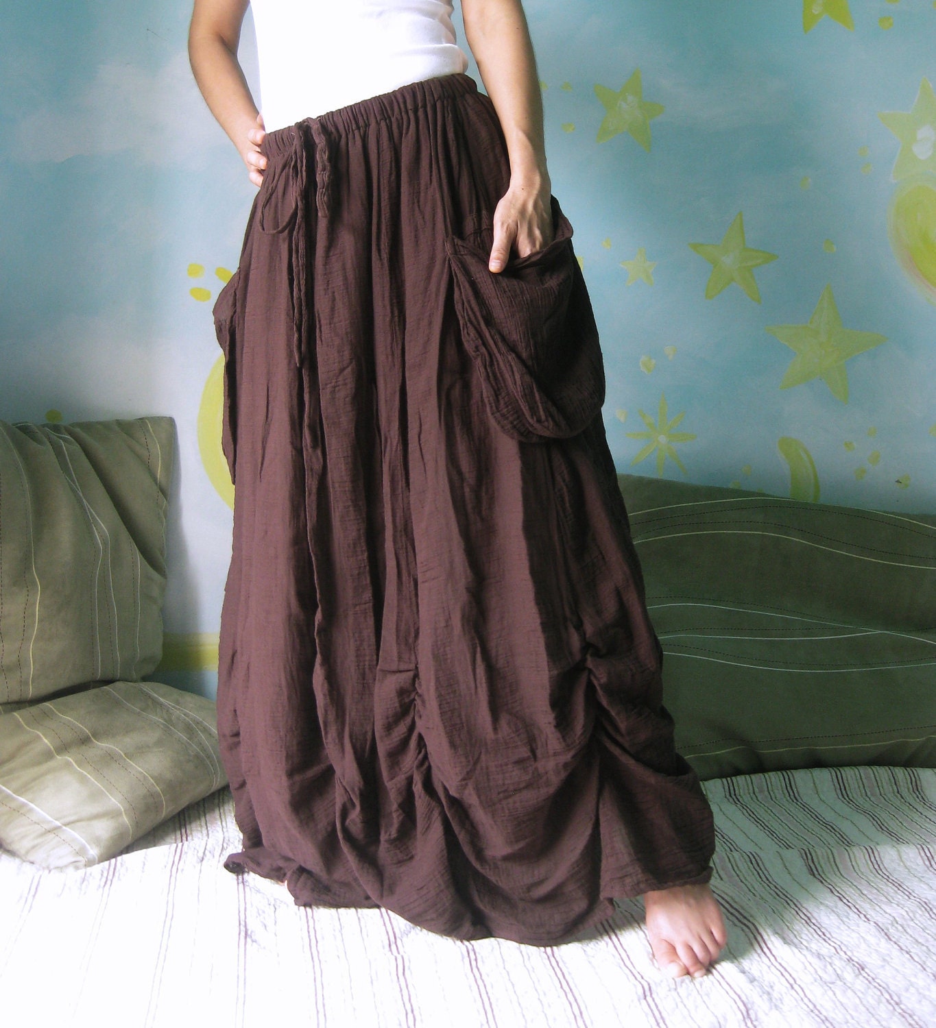 Bring Me To The Moon - Steampunk Maxi Flare Hand Dyed Dark Chocolate Brown Crinkle Cotton Skirt With Ruching Detail Around Bottom Hem