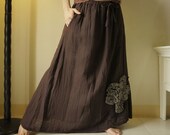 Autumns Beauty - Applique Dark Chocolate Brown Cotton Long Skirt With Elastic Waist And Side Pockets