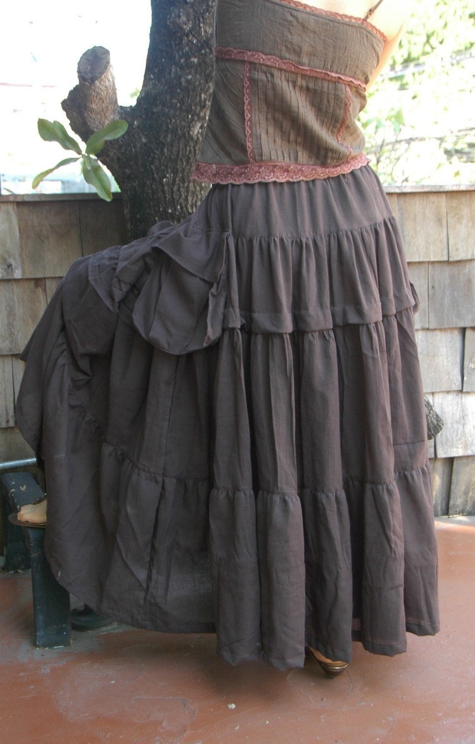 Take Me to Your Heart...Steampunk Short Front/ Long back Tiered Dark Chocolate Brown Skirt With 2 Roomy Pockets