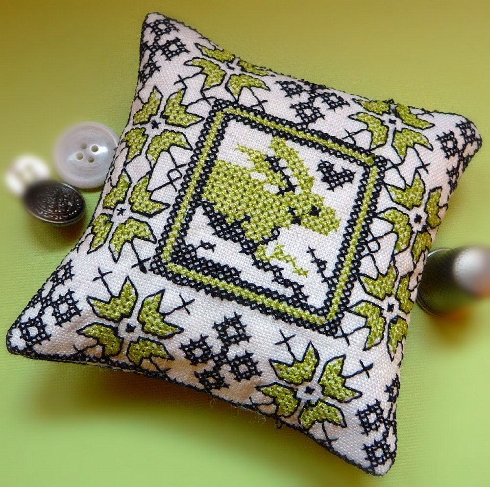 Rabbit Pincushion in Black and Lime Embroidery