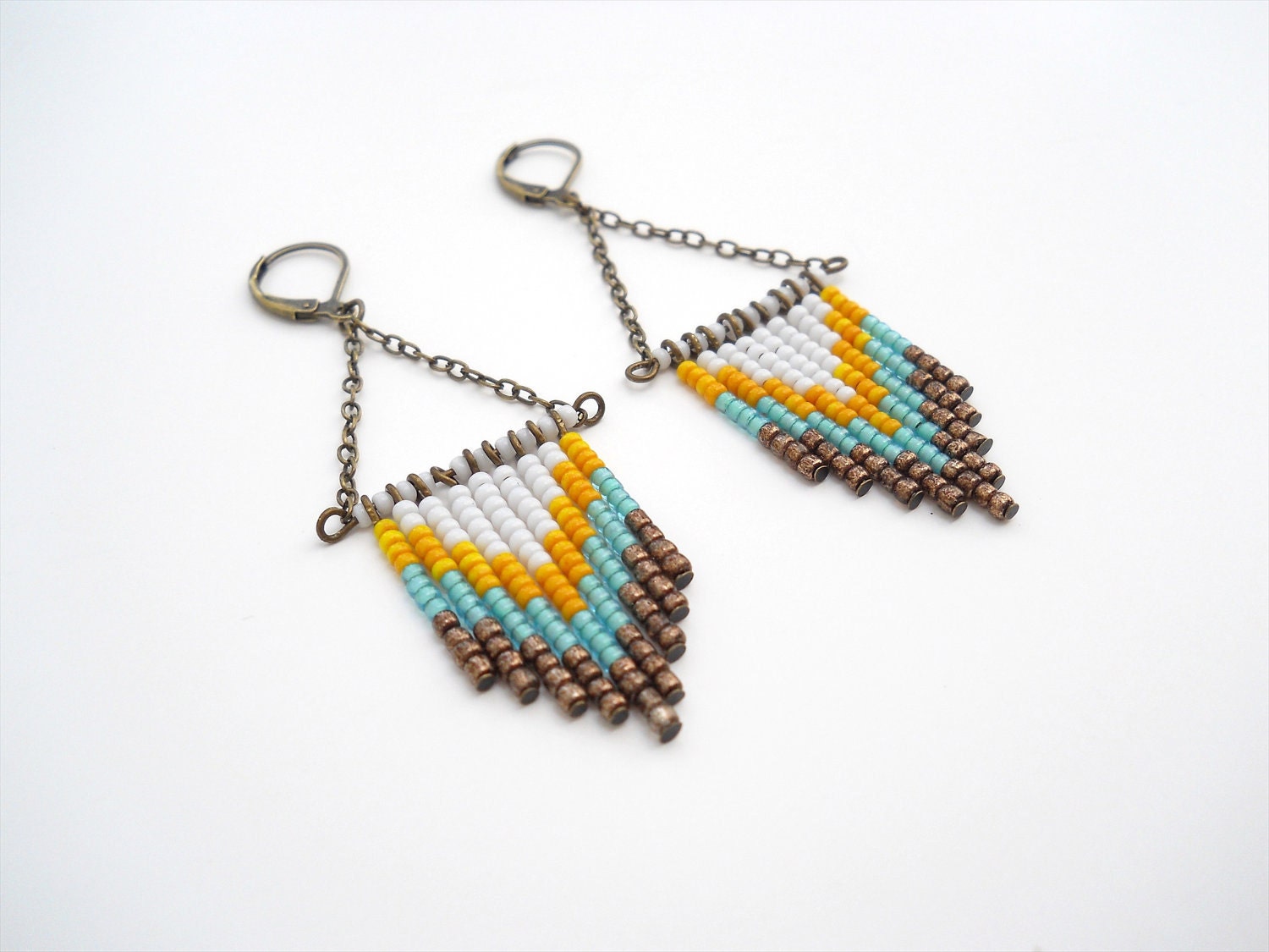 30% OFF COUPON SALE - Hand Beaded Chevron Earrings in Bronze, Teal, Mustard Yellow and White