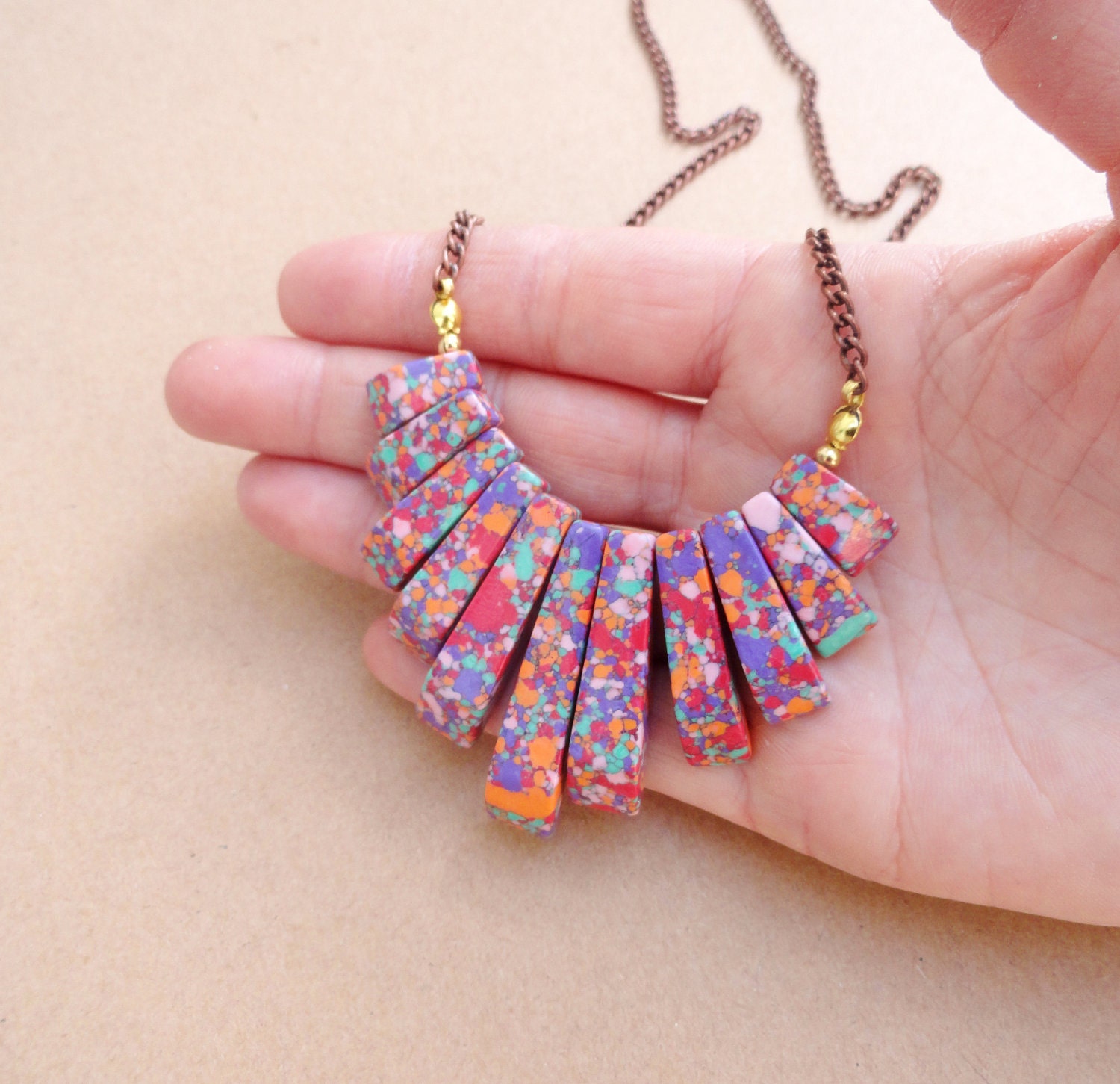 Confetti Cake - Stone Bib Necklace With Antiqued Copper Chain