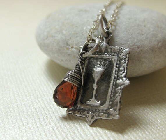 Sterling Silver First Communion Holy Chalice garnet charm necklace January birthstone