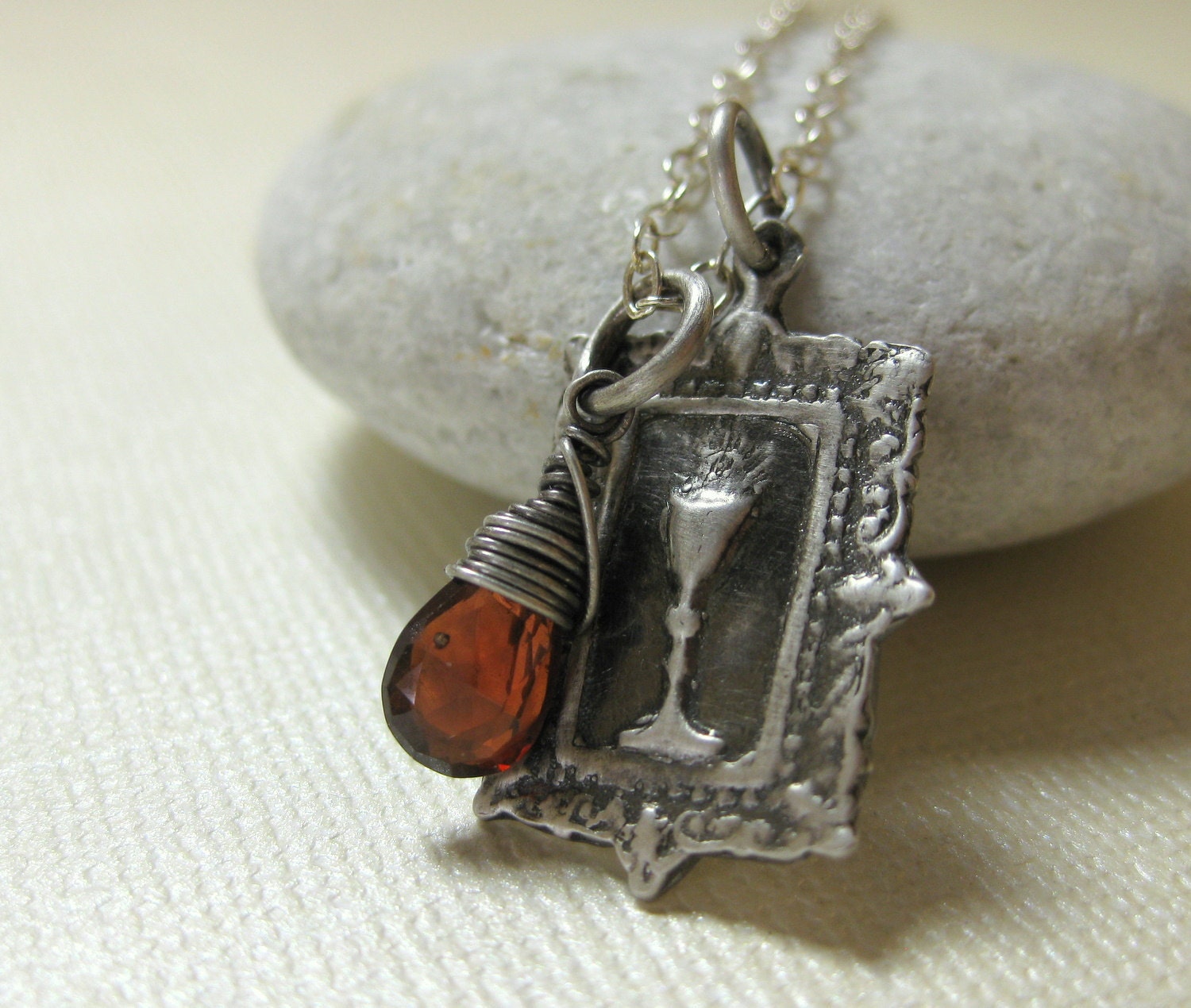 Sterling Silver First Communion Holy Chalice garnet charm necklace January birthstone