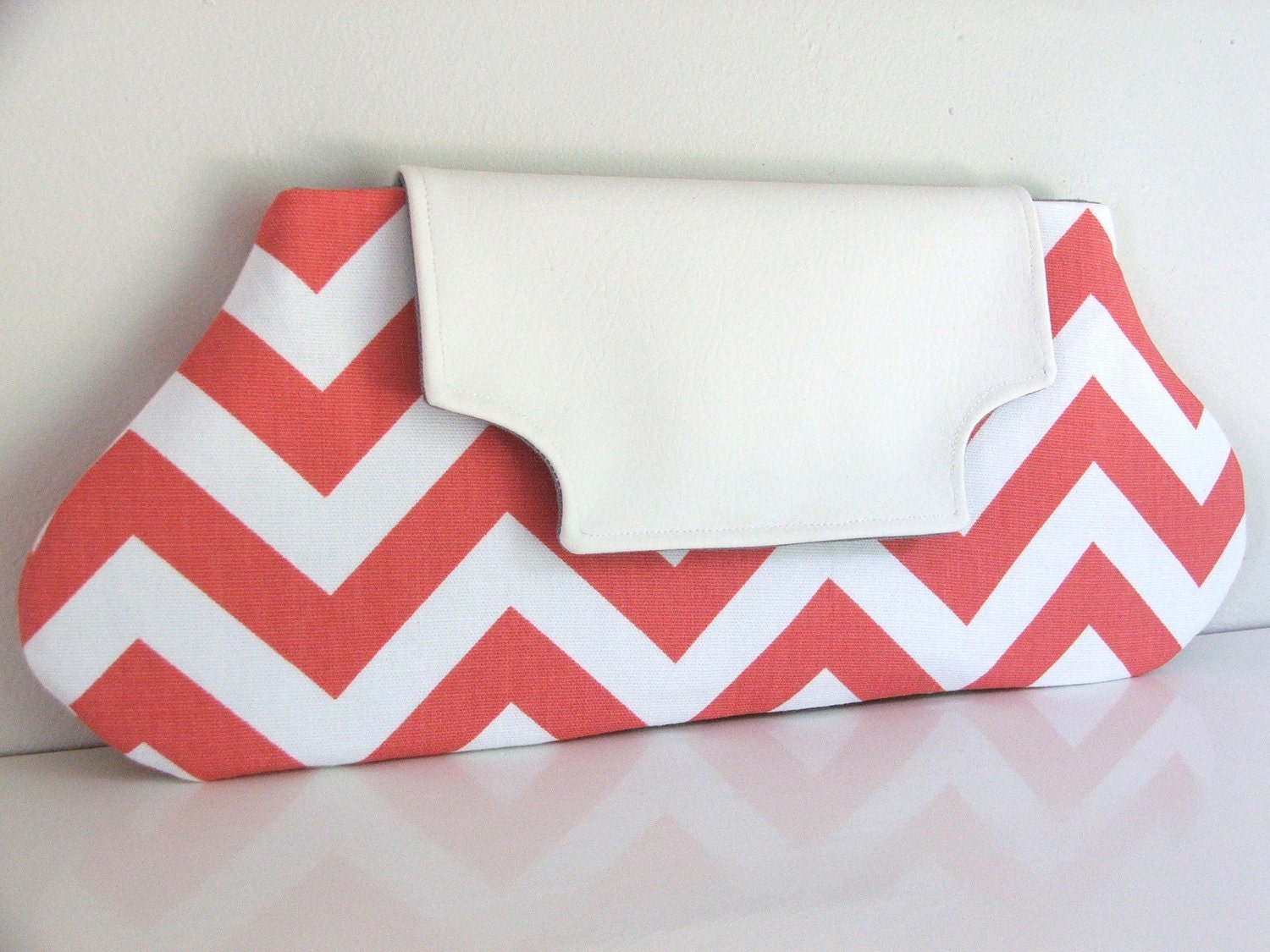 Coral and White Chevron oblong clutch--Made to order