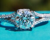 CUSTOM Made - 1.25ct  Round - Split Shank-  Halo - Pave - Antique Style - Diamond Engagement Ring 14K white gold - Weddings- Luxury- Brides