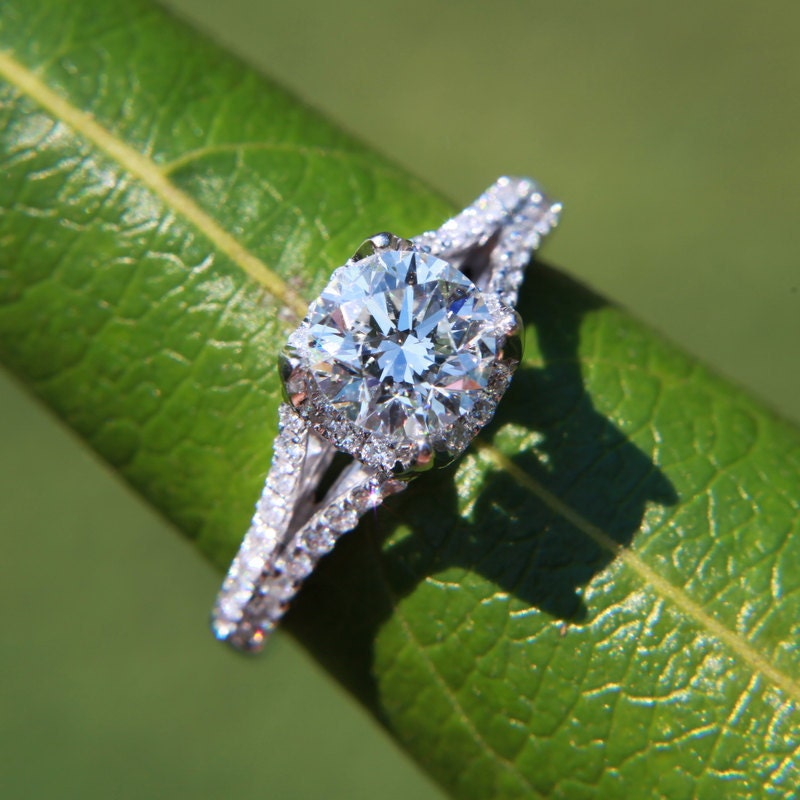 CUSTOM Made - 1.25 ct  Round - Split Shank-  Halo - Pave - Antique Style - Diamond Engagement Ring 14K white gold - Weddings- Luxury- Brides