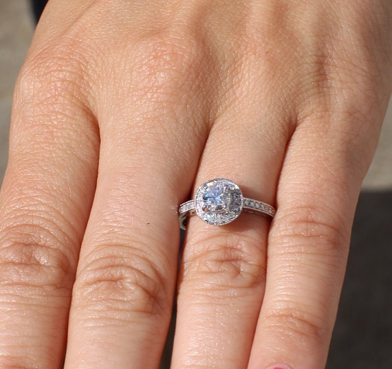 HALO Round Diamond Engagement Ring - .67 cttw - 1/2 carat center - 14K White Gold - Antique Style - Pave - weddings - brides