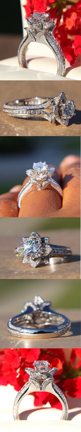 UNIQUE Flower Rose Diamond Engagement or Right Hand Ring - 2.25 carat - 14K white gold - wedding - brides - fL01