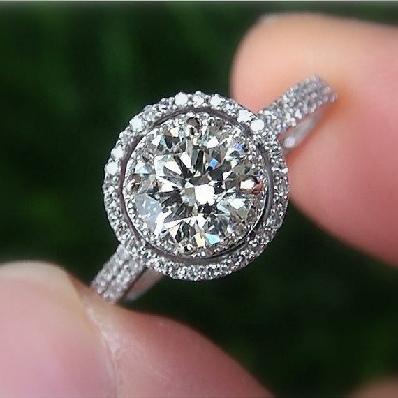 Diamond Engagement Ring Semi mount setting -14K white gold - .50 carat Round - Double Halo - Pave - Antique Style - Weddings- Luxury - Bp019
