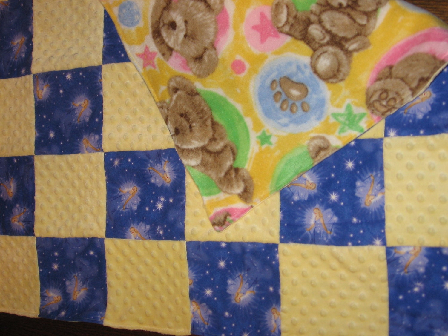 SALE Reversible Pieced Baby Yellow Bubble Minky Velour & Fairy Angel Stars Flannel with Fleece Boyd's Teddy Bear Backside Receiving Blanket
