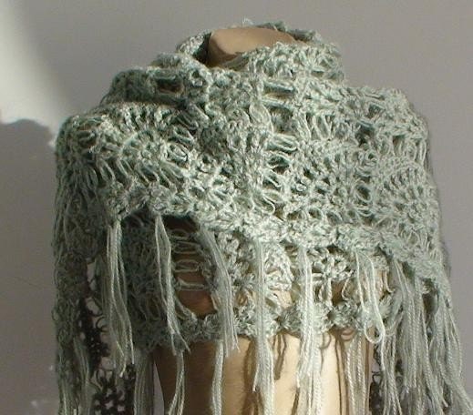 SUPER SALE Shawl Handmade Light Green Mohair Warm Shawl with Fringe