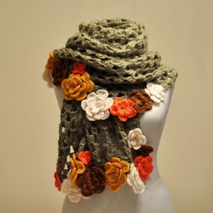 SUPER SALE Green Mohair Rectangular Shawl with Ivory - Brown - Mustard Flowers