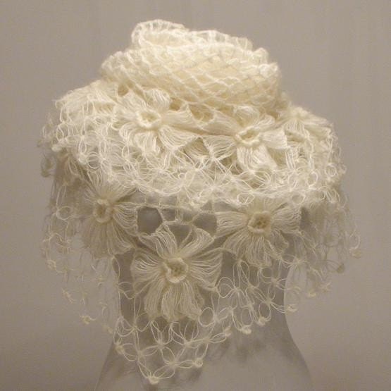 Crochet Shawl Handmade Ivory Flower Mohair Triangle Shawl