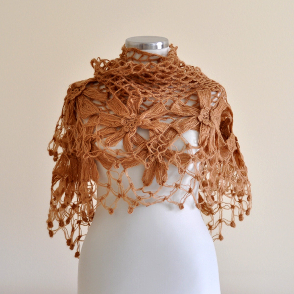 SUPER SALE Caramel Flower Mohair Triangle Shawl