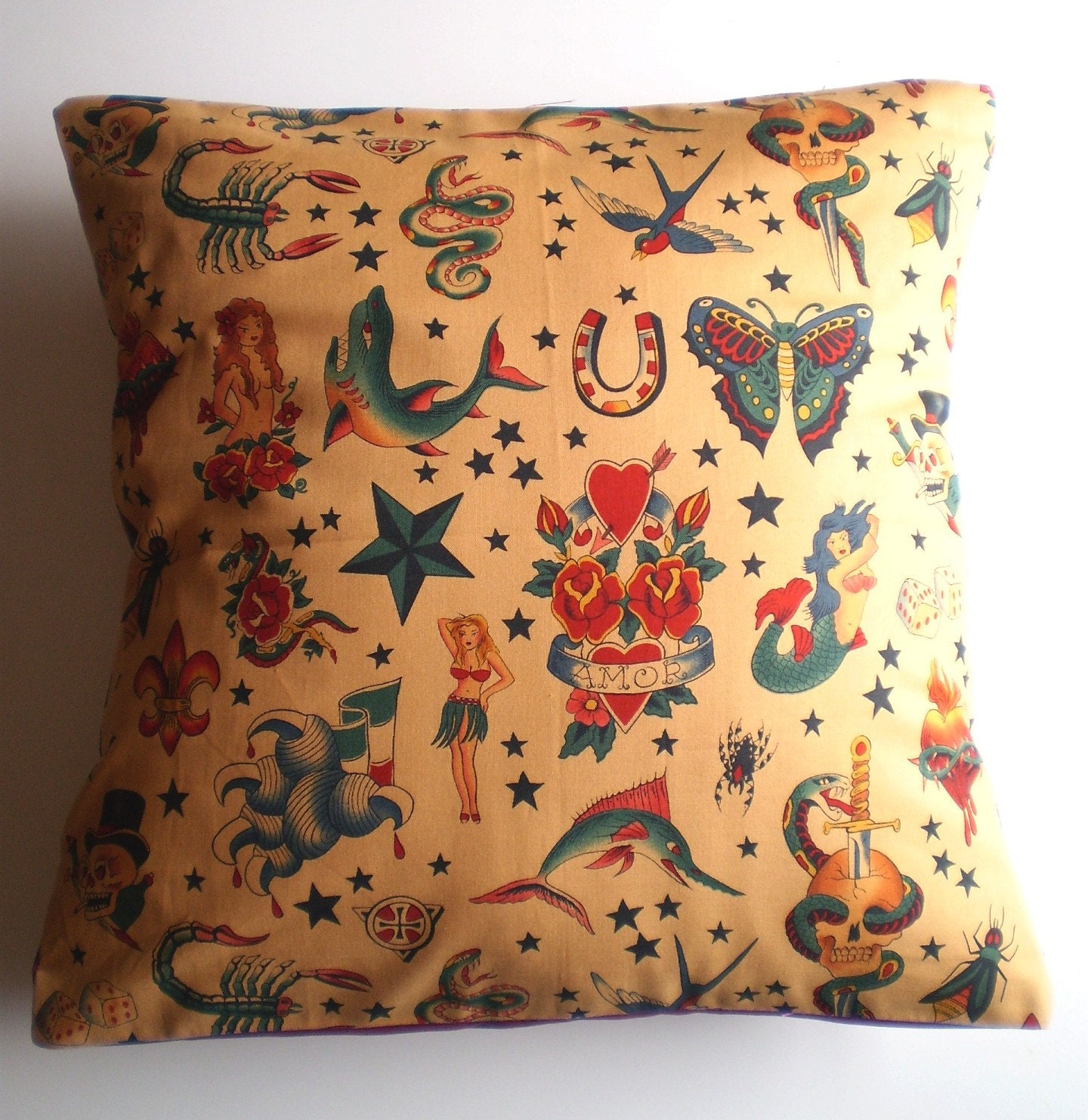 Tattoo Punk Rock Pillow/Cushion cover w Sailor Jerry swallow horseshoe mermaid skull