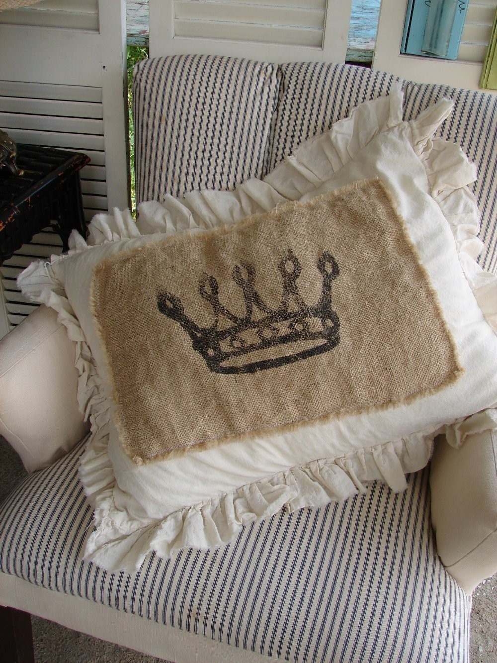 Burlap and Muslin Pillow Sham w/ Simple Crown design