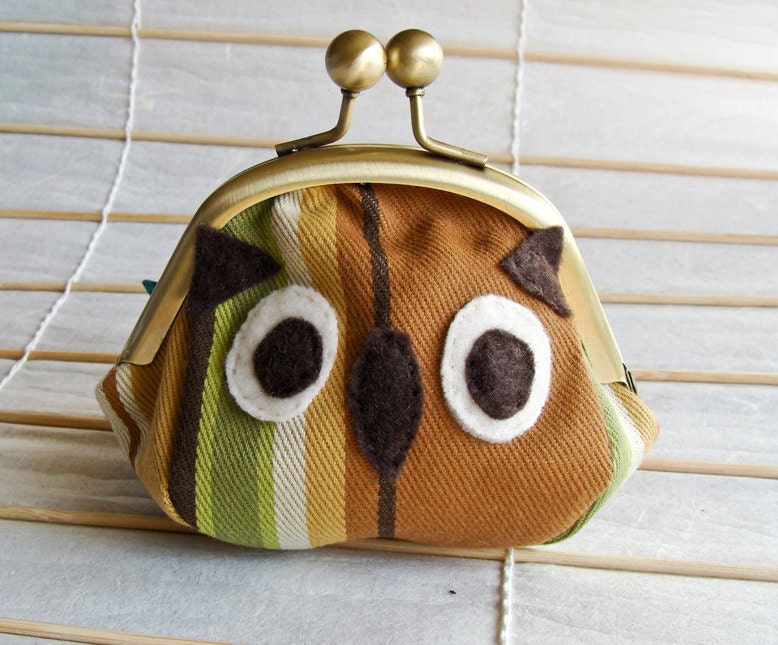 Owl Kisslock Frame Purse - Brown, Green, and Gold Stripes (Upcycled Materials)