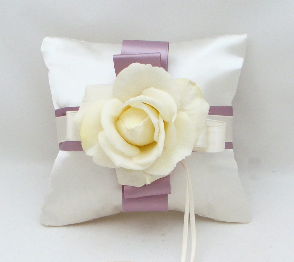 Lavender and Ivory Ring Pillow with Real Touch Ivory Rose - Customize for Your Colors