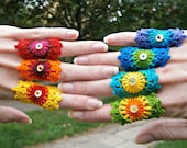 Set Of 7 Rainbow Crochet Mandala Bridesmaid Rings With Gold Holographic Sequin