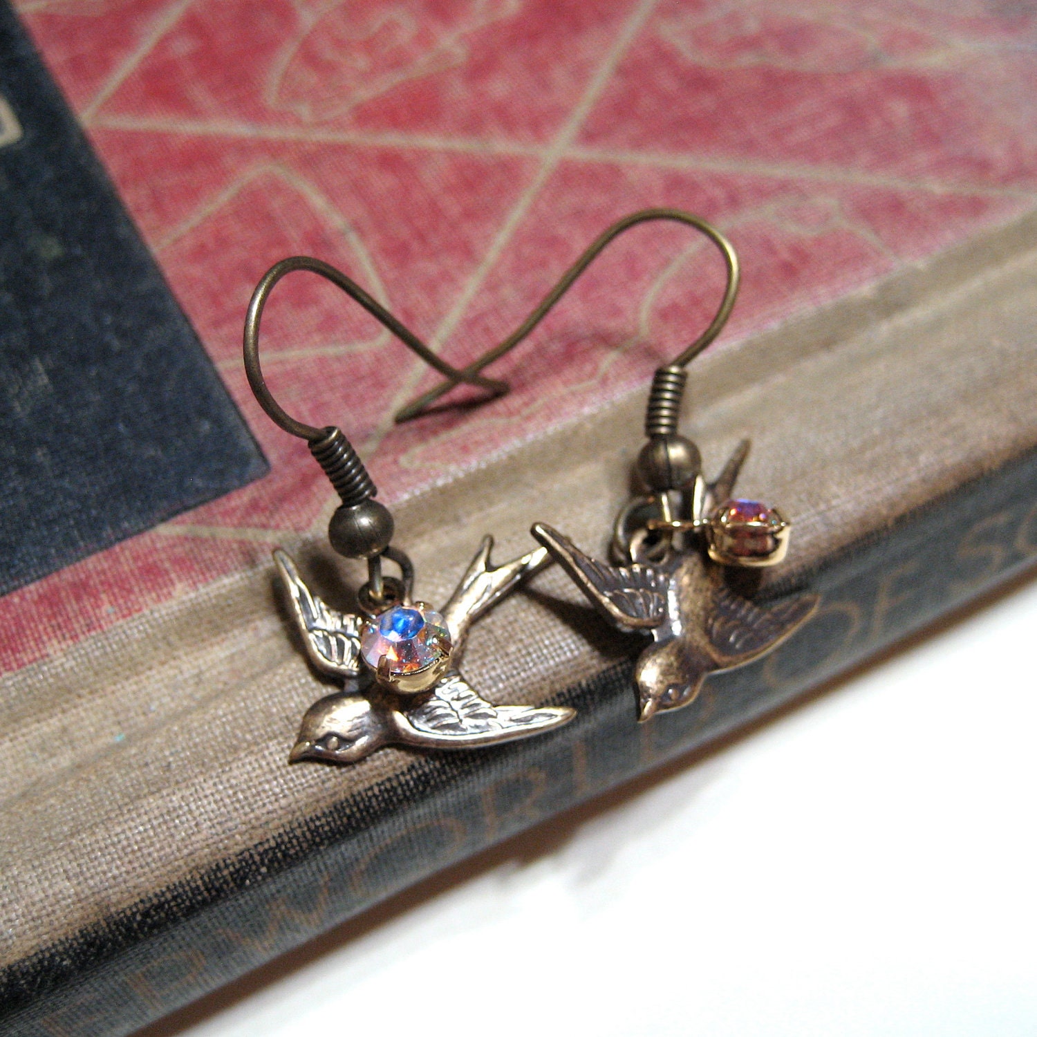 Swallows with Swarovski Rhinestone Earrings - Antiqued Brass