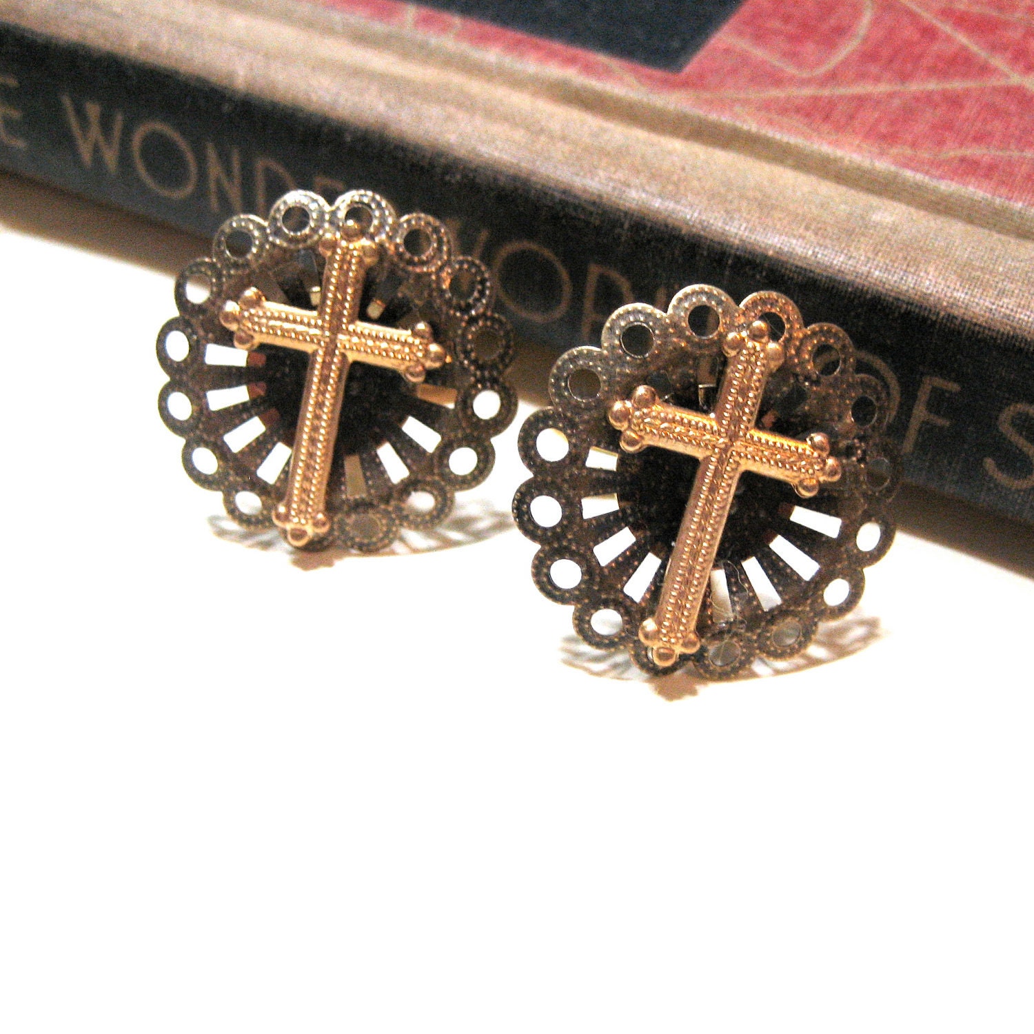 Religious Cross Cuff Links - Christian / Catholic / Baptist / Protestant / Methodist - Antique Brass