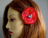 Red Satin Hair Flower, Hair Clip, Rhinestone Hair Clip