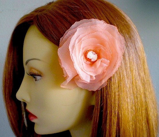 Peach Chiffon Cameo Flower Hair Clip or Brooch